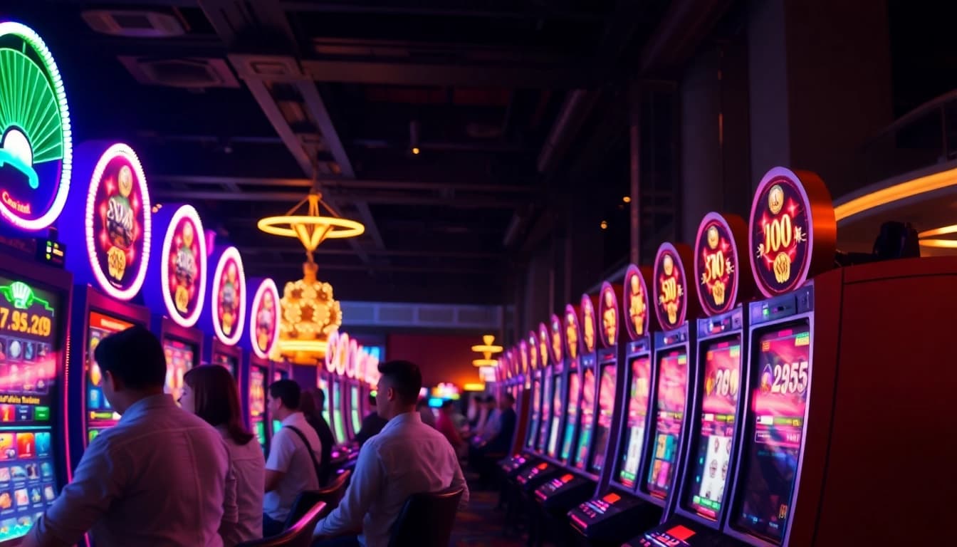 Spielen Sie mit einem Casino Bonus an aufregenden Spielautomaten in einem festlichen Casino-Ambiente.