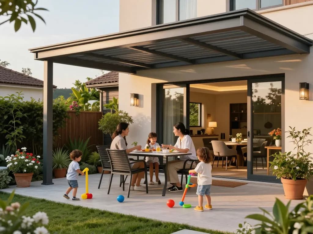 Schöne Familienzusammenkunft im Freien unter einer modernen Terrassenüberdachung auf einer sonnigen Terrasse.