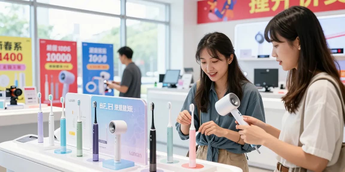 Erleben Sie den Laifen de Prime Day Sale mit elektrischen Zahnbürsten und Haartrocknern in einem modernen Geschäft.