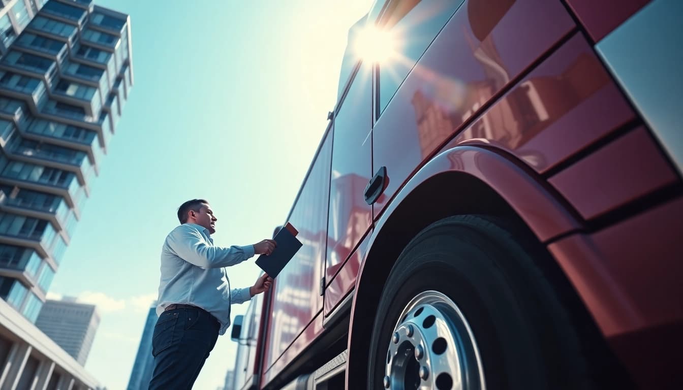 Lkw Gutachter Augsburg bewertet einen Lastwagen unter klaren Himmel.