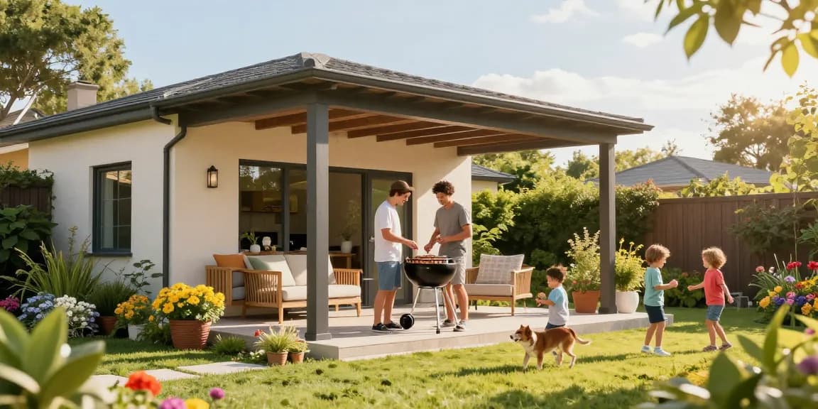 Terrassenüberdachung freistehend im Garten mit Familie beim Grillen
