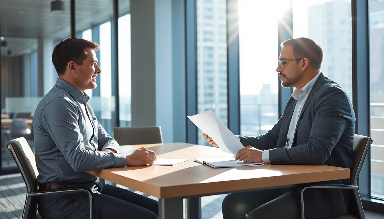 Headhunter Ingenieure trifft Ingenieur im modernen Büro, Optimismus und Professionalität ausstrahlend.