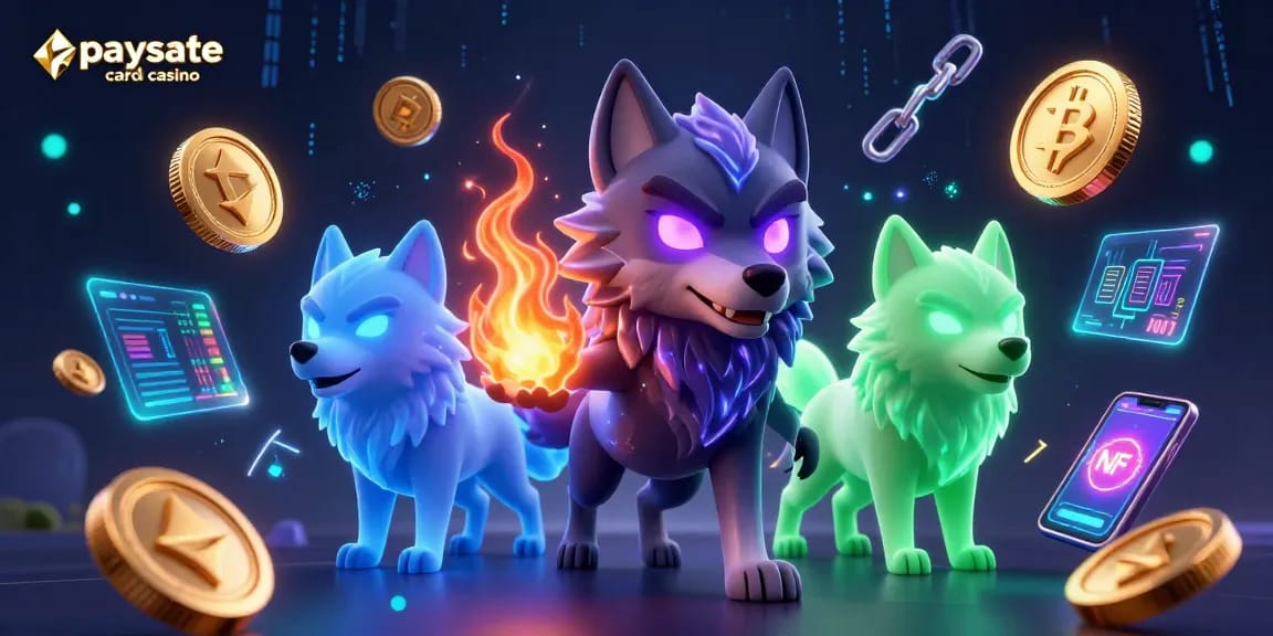 Paysafe Card Casino-Szene, die einen Schattenwolfpack-Anführer und geisterhafte Wölfe inmitten dynamischer Krypto-Elemente zeigt und lebendige Casinothemen präsentiert.