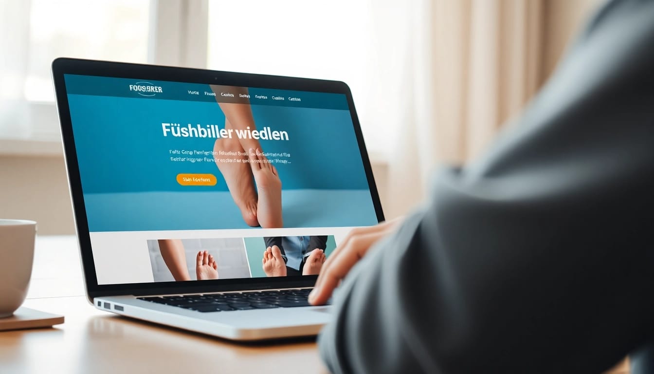 Fußbilder verkaufen auf einem Laptop mit einem modernen Design hinterlegt.