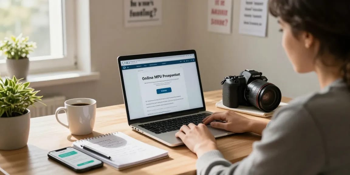 Fesselnde Home-Office-Szene, die die MPU Vorbereitung online mit einem Laptop und Studienmaterialien zeigt.