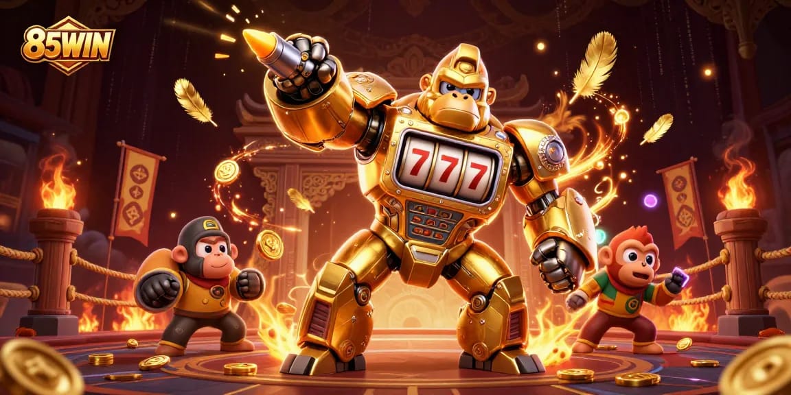 85WIN features a dynamic transformer-style gaming mech amidst a vibrant casino atmosphere.