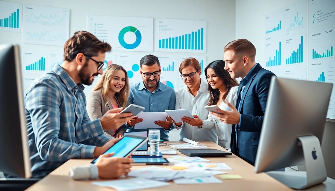 Analysing Online Marketing data in a vibrant office with diverse professionals.