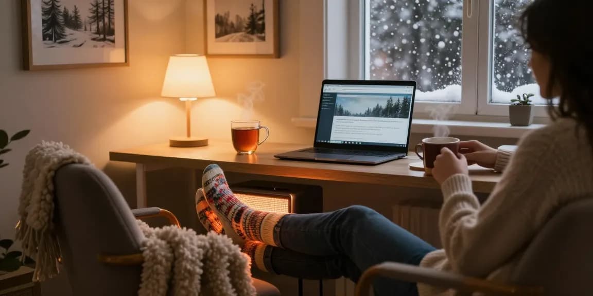 Bequemer, gemütlicher Arbeitsplatz mit einem fußwärmer elektrisch für warme Füße während der Winterarbeitsstunden.