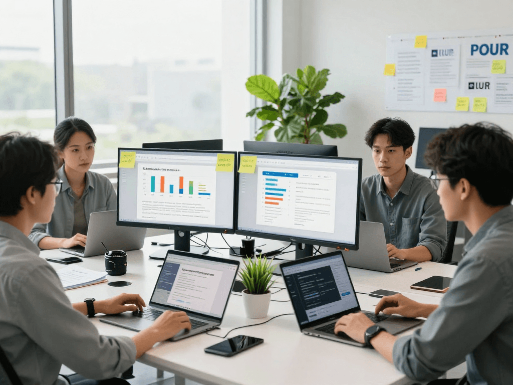 Barrierefreie und rechtssichere Webseiten Dienstleistung in einem modernen Büro, wo ein Team an der Gestaltung und Prüfung arbeitet.