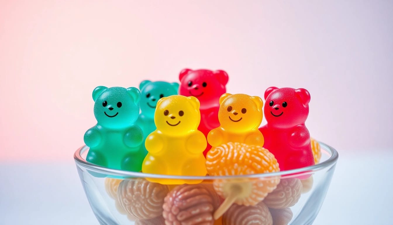 Genieße die köstlichen edibles gummibärchen in verschiedenen Farben, die frisch in einem Behälter präsentiert werden.