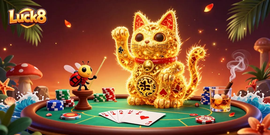 Engage with Luck8's vibrant poker adventure through a captivating 3D illustration of gaming symbols.