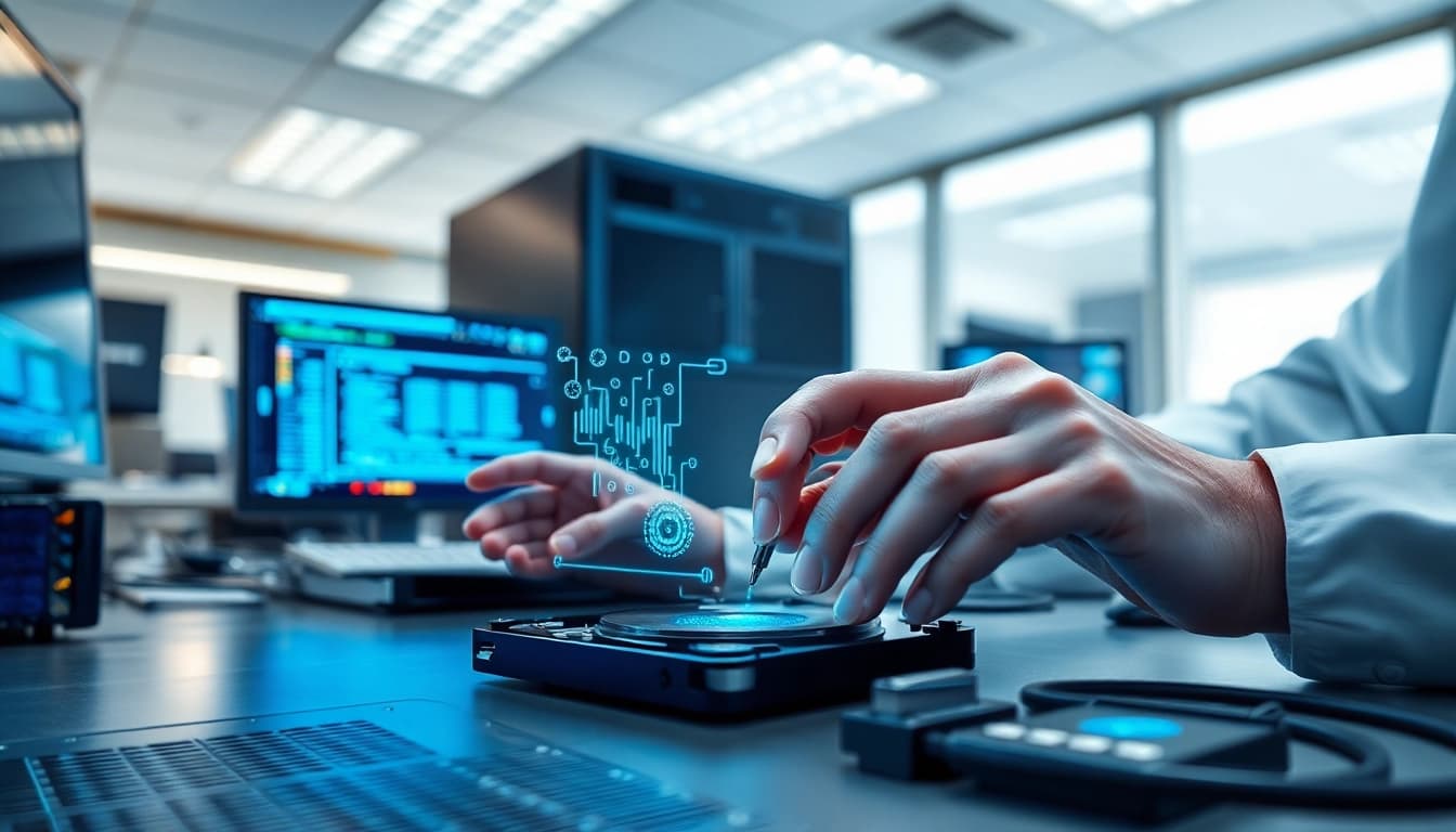 Datenrettung durch einen Techniker in einem modernen Büro mit Datenfluss um eine transparente Festplatte.