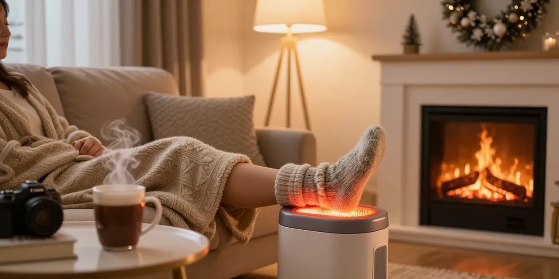 Gemütliche Wohnzimmer-Szene mit einem fußwärmer elektrisch, der die Füße während der Winterentspannung warm hält.