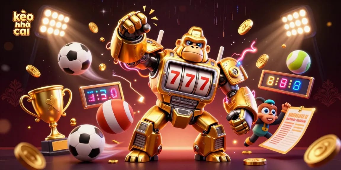 Kèo nhà cái visual featuring a gold mech gorilla hitting upwards among flying sports balls and gold coins, highlighting dynamic gambling action.