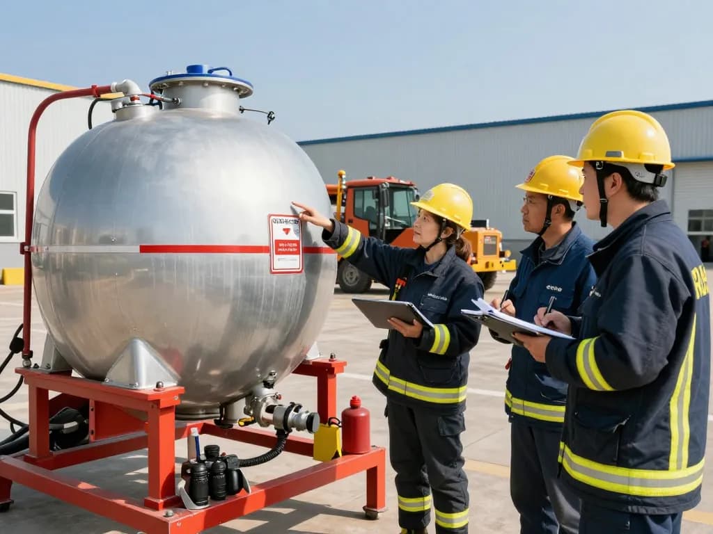 Mobile Löschwassertank-Installation für die Industrie, die Löschwasser für Industrieanlagen in Aktion zeigt, während Fachleute Sicherheitslösungen überprüfen.