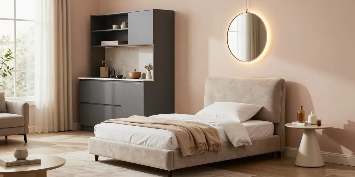 Stylisches Schlafzimmer-Setup mit der Option Möbel mit Lieferung kaufen, das ein modernes Einzelbett, eine elegante Kücheneinheit und einen dekorativen Wandspiegel zeigt.