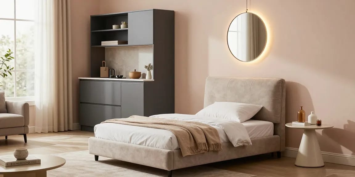 Stylisches Schlafzimmer-Setup mit der Option Möbel mit Lieferung kaufen, das ein modernes Einzelbett, eine elegante Kücheneinheit und einen dekorativen Wandspiegel zeigt.