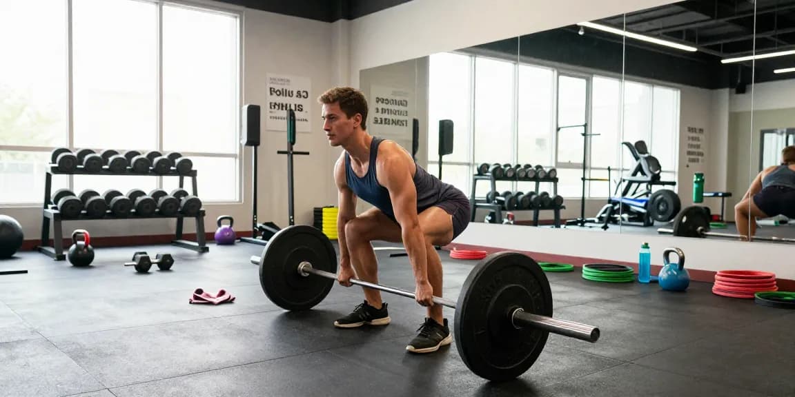 An athlete lifting weights in a fitness studio, showcasing strength training, surrounded by gym equipment in an energetic Anabolika Shop atmosphere.