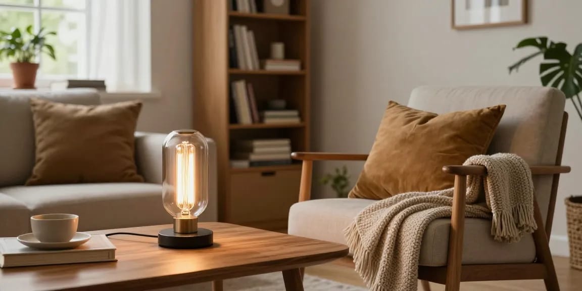 Gemütliches Wohnzimmer mit einer Filamentlampe Leuchtmittel, die den Raum erhellt.