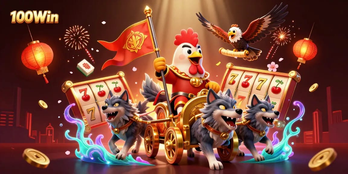 Experience thrilling slots action with 100Win featuring a rooster warlord in a vibrant casino scene.