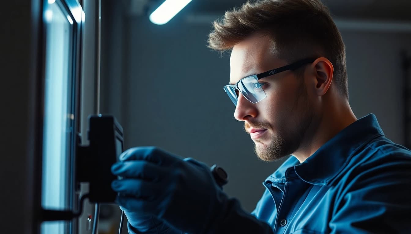 Prüfservice: Techniker führt sorgfältige Prüfung elektrischer Geräte durch, um Sicherheit zu gewährleisten.