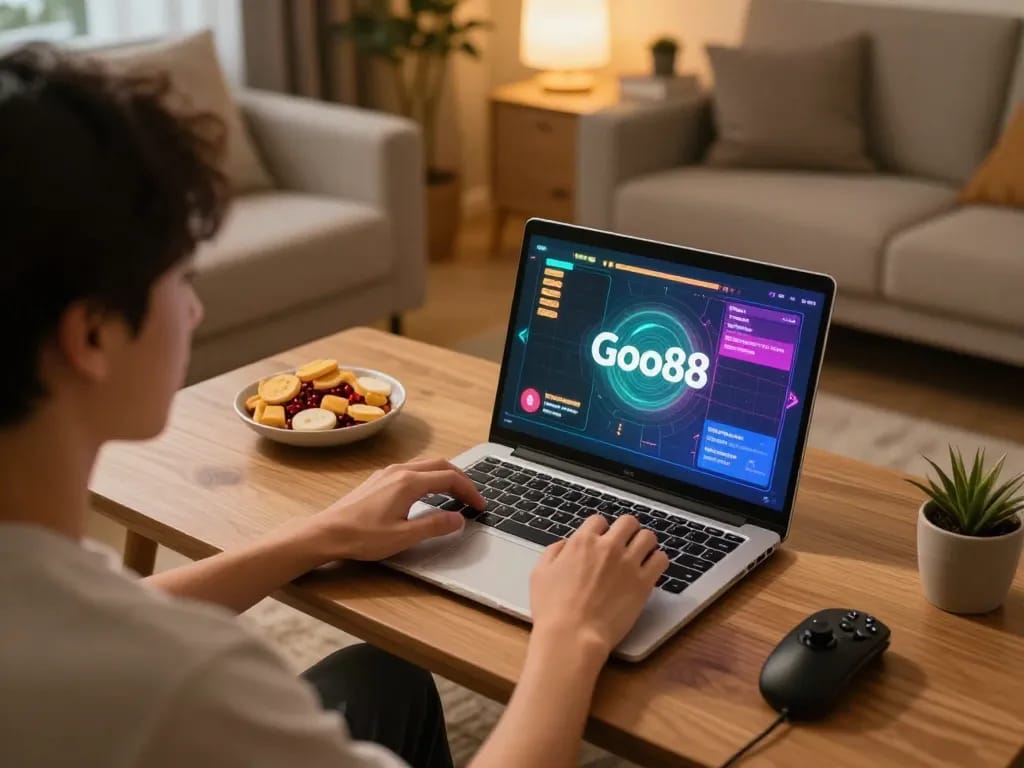 Engaging in Go88 online gambling with focused laptop display in a cozy home setting.