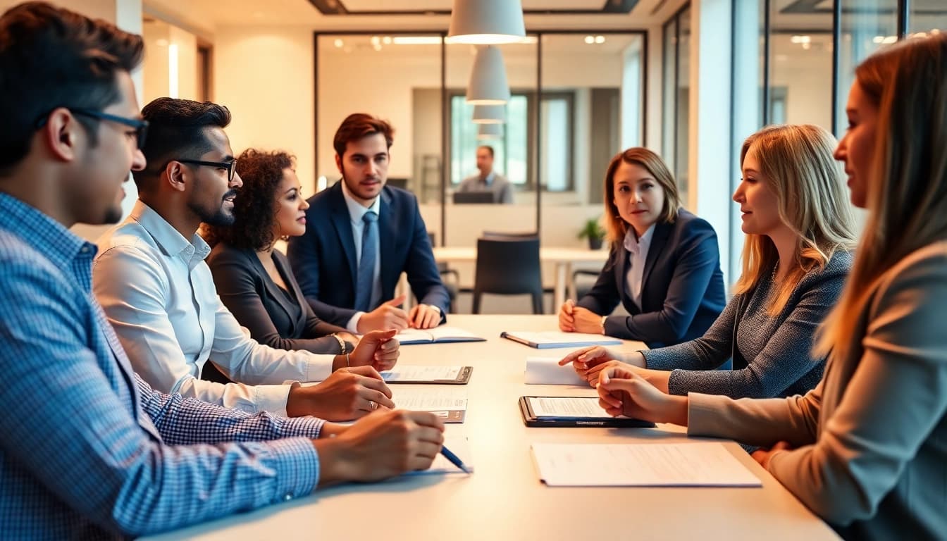 Consulting team collaborating on unternehmensberatung altenpflege strategies in a professional office.