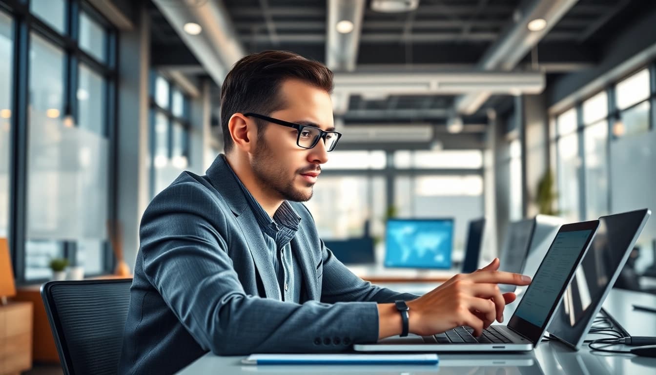 Headhunter Ingenieure arbeitet konzentriert in einem modernen Büro mit technologischem Ambiente.