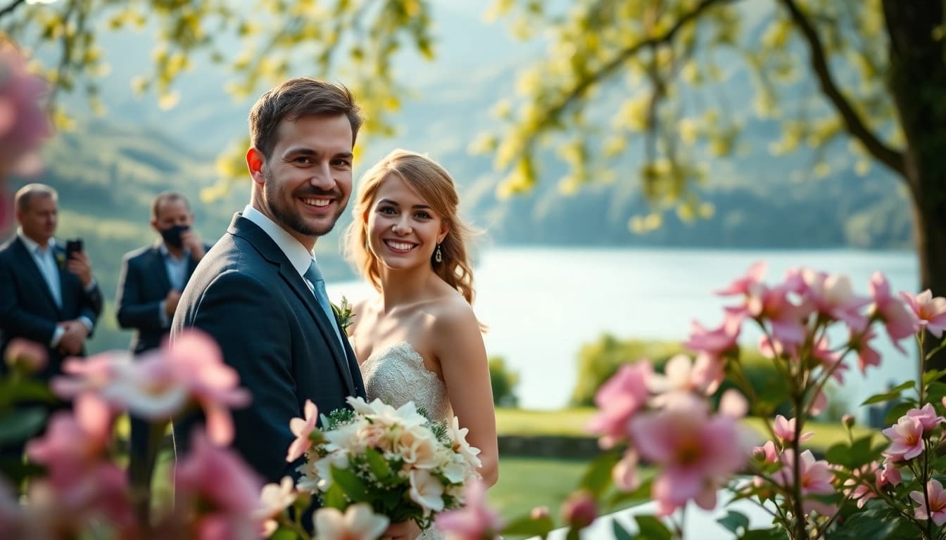 Hochzeitsfotograf Tegernsee fängt das glückliche Brautpaar in einer malerischen Kulisse ein.