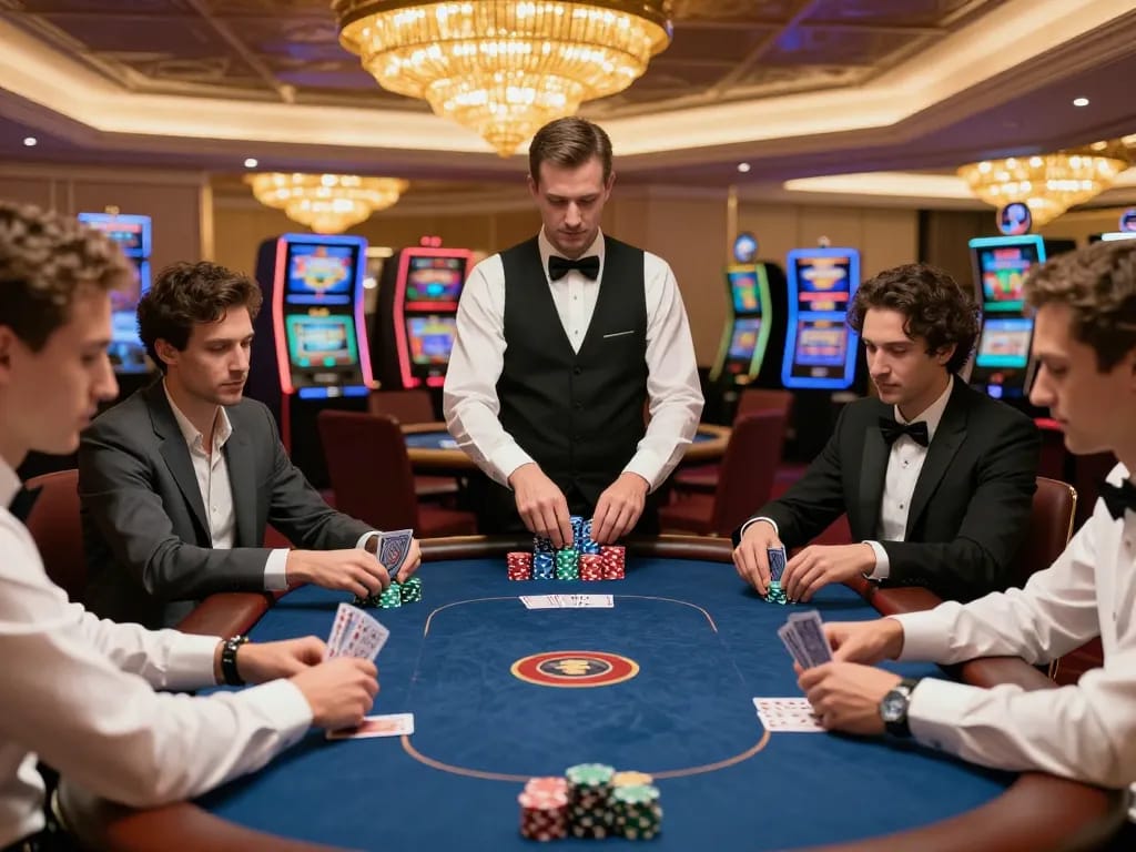 bsport players engaged in an intense poker game, showcasing strategic betting and luxury casino atmosphere
