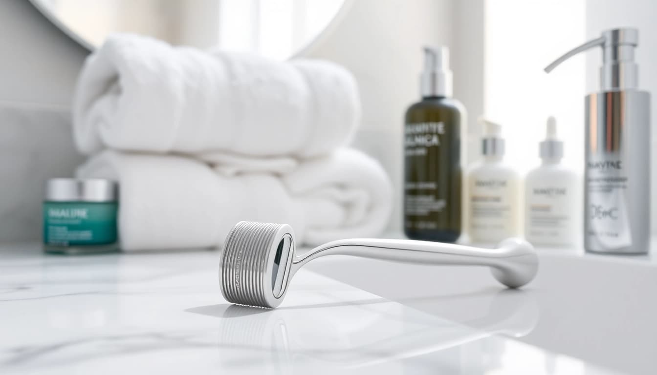 Derma roller für effektive Hautpflege auf einer eleganten Badezimmerablage präsentiert.