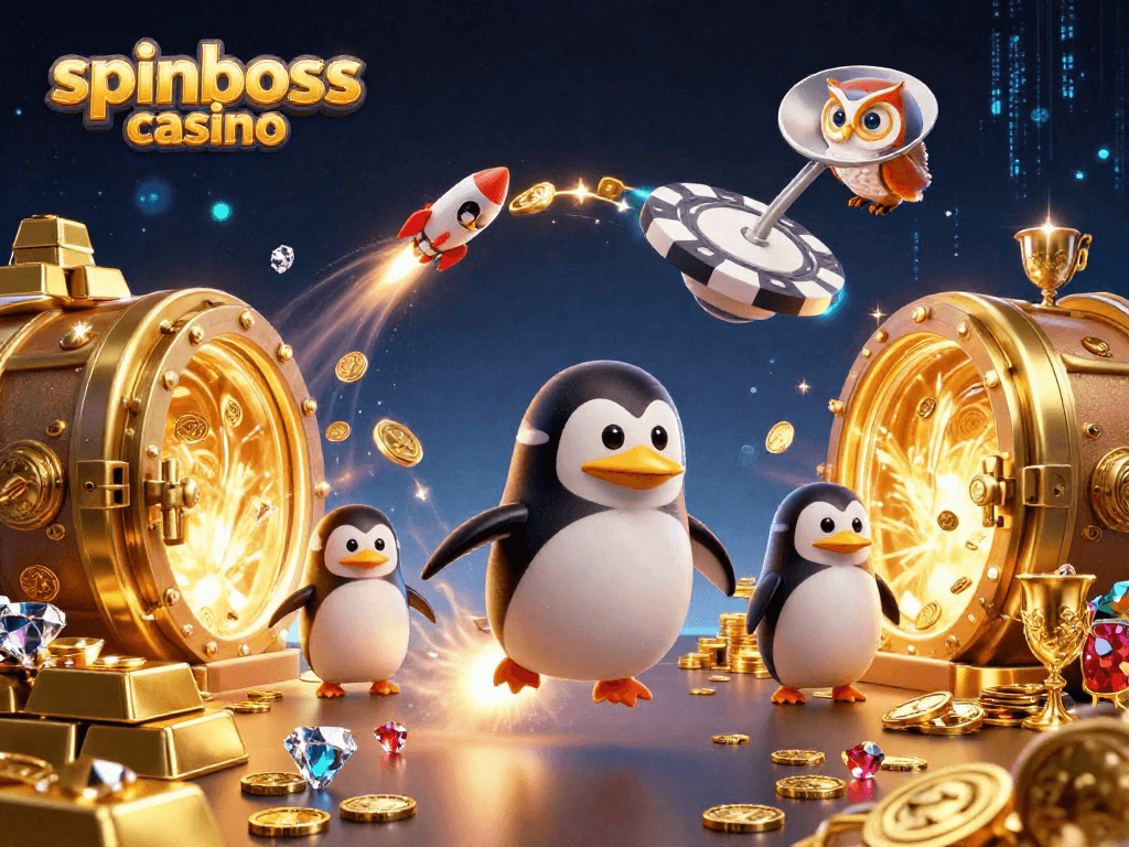 Gewinne bei spinboss casino mit dem goldenen Pinguin in einem Raum voller Schätze.