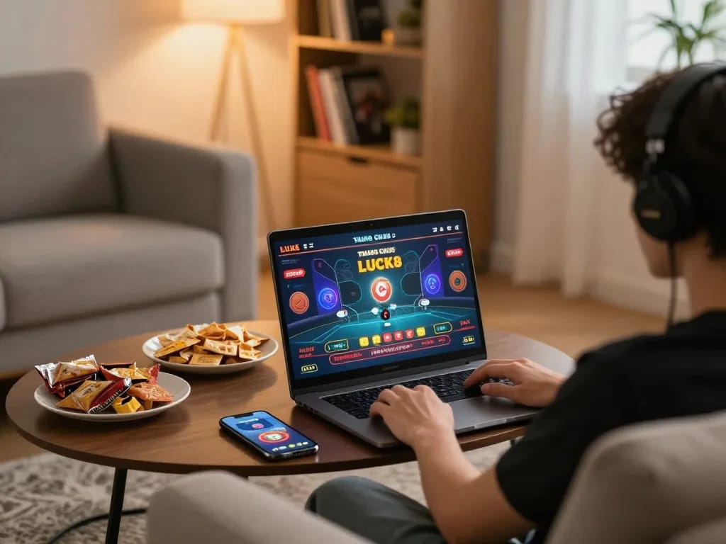 Engaging in exciting games at TRANG CHỦ LUCK8 with a laptop and casino app in a cozy home setting