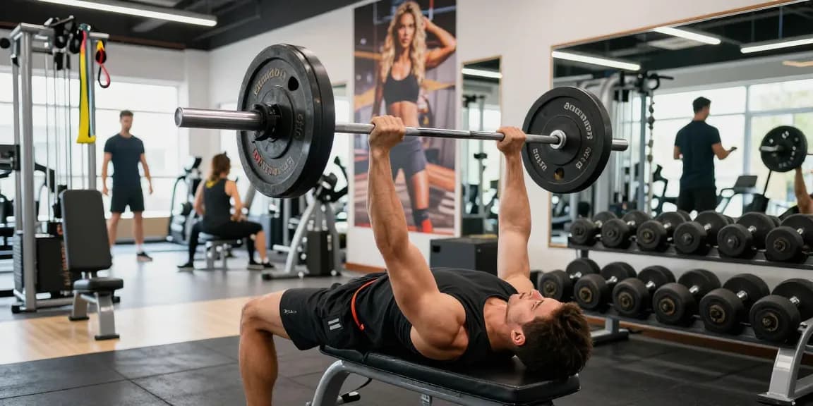 Selliza Shop: Athlet beim Krafttraining in modernem Fitnessstudio mit motivierender Atmosphäre.