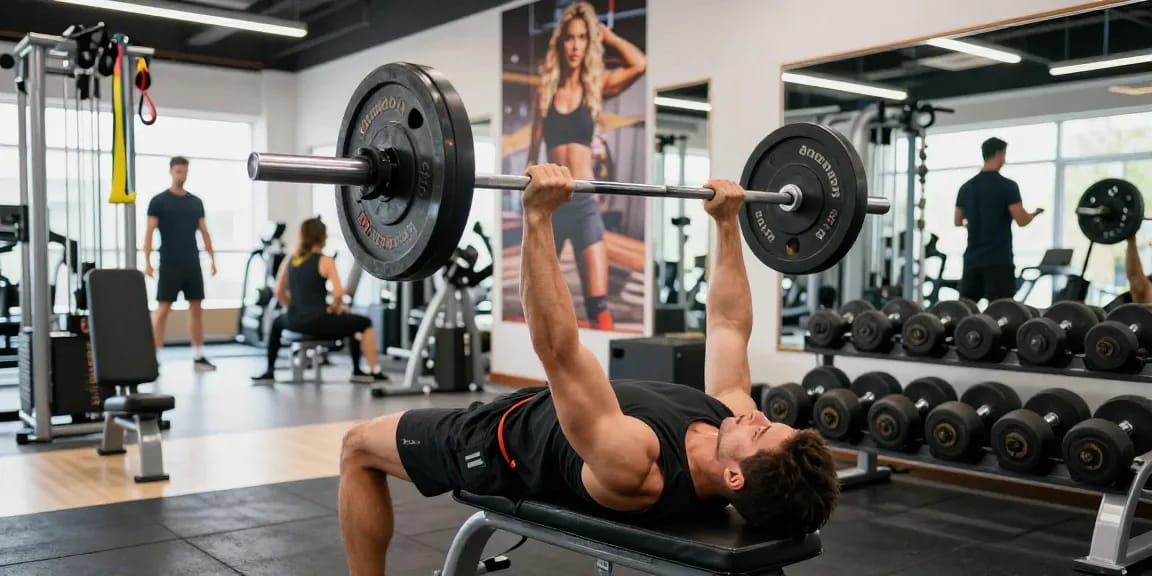 Selliza Shop: Athlet beim Krafttraining in modernem Fitnessstudio mit motivierender Atmosphäre.