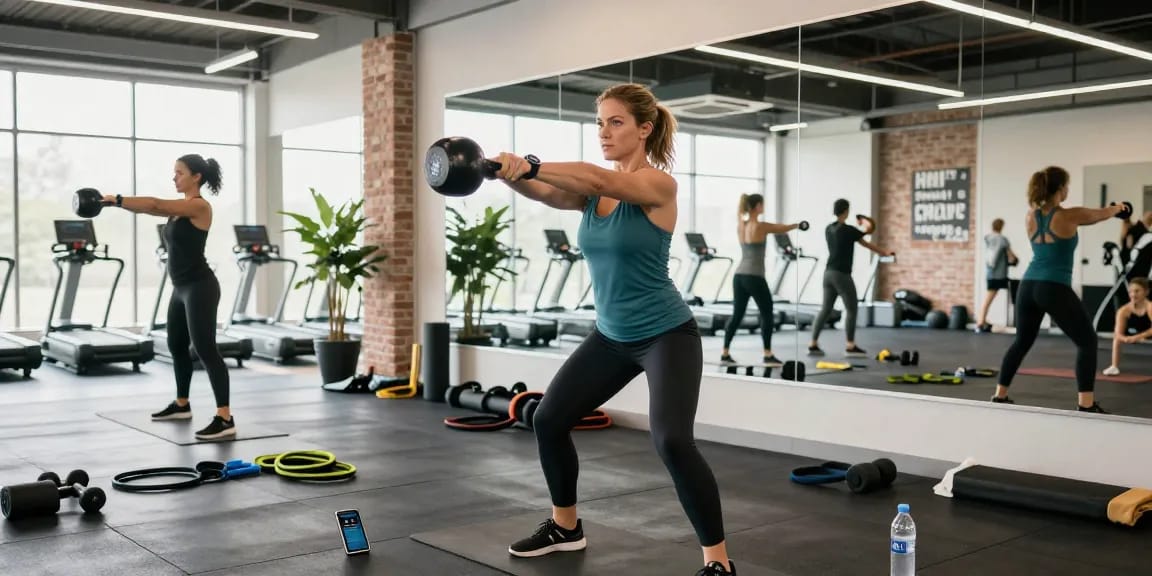 Anabolika Shop: Fitnessstudio-Szene mit Bodybuilderin beim Training