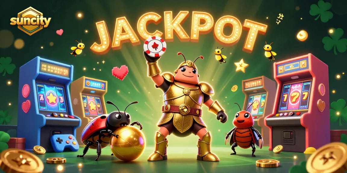 Spin the slots with Suncity's exciting jackpot and charismatic characters in a vibrant casino scene.