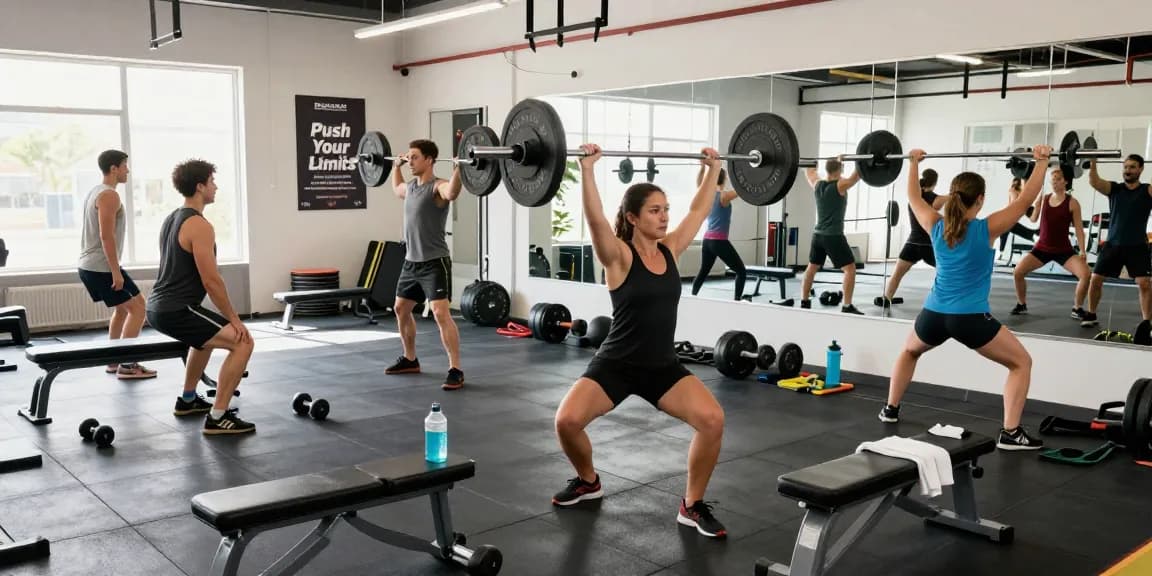 Global Pharma Steroids, Athleten beim Gewichtheben in modernem Fitnessstudio, motivierende Atmosphäre, fokussierte Leistung.