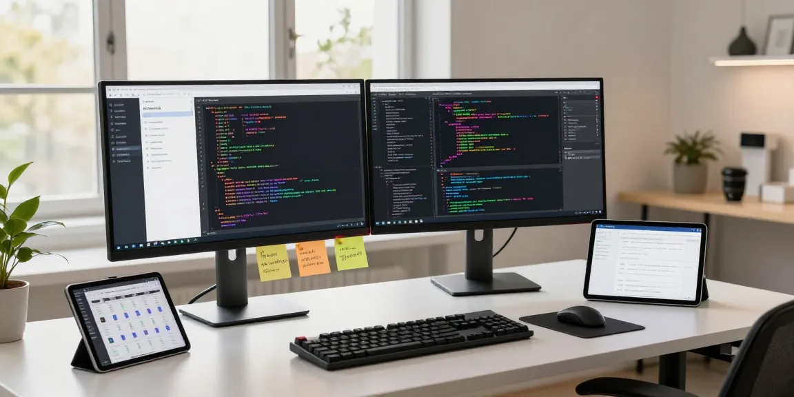 Shopware Freelancer, der in einem professionellen Arbeitsbereich mit Dual-Monitoren und technischen Gadgets kodiert.