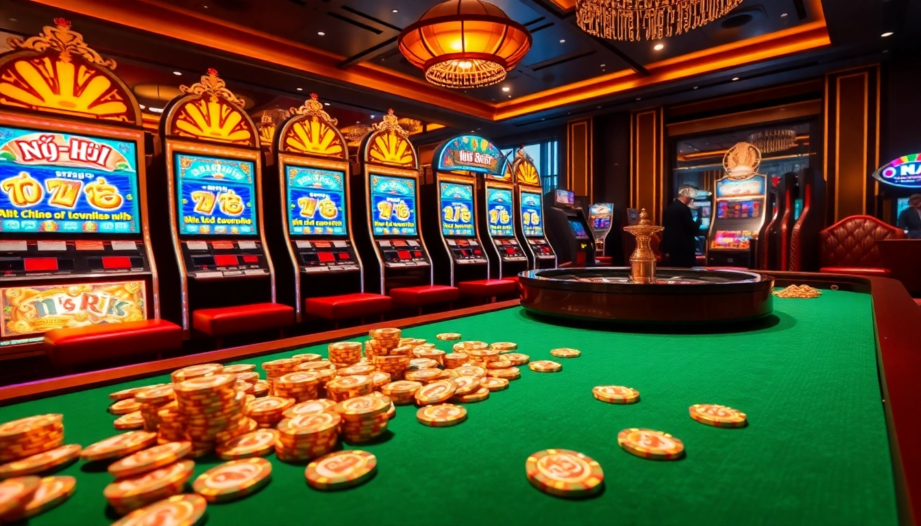 Exciting scene of nổ hũ gameplay with vibrant slot machines and casino chips.
