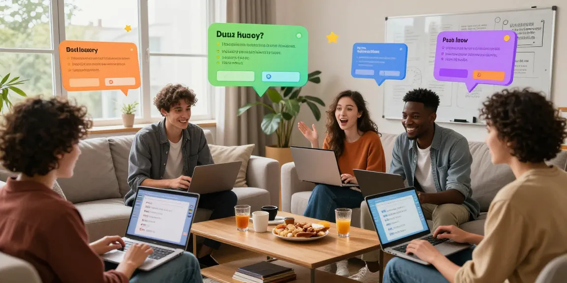 Group of friends engaged in an exciting Quiz Allgemeinwissen competition online, vibrant digital interface and cozy atmosphere.