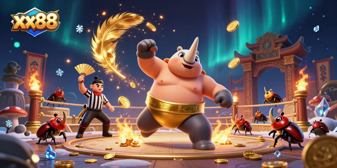 Engage in thrilling gaming at xx88 with sumo beetle champions and vibrant casino elements.