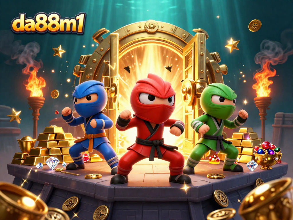 Engage with the thrilling da88m1 experience featuring a ninja chameleon team amidst sparkling casino treasures.