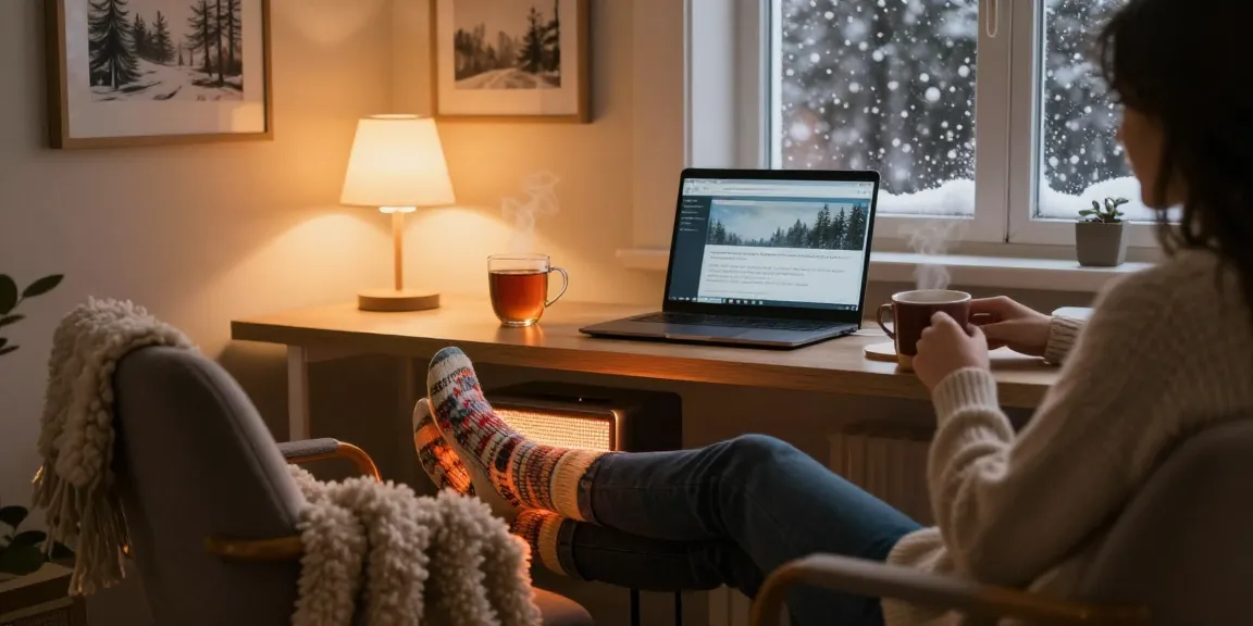 Bequemer, gemütlicher Arbeitsplatz mit einem fußwärmer elektrisch für warme Füße während der Winterarbeitsstunden.