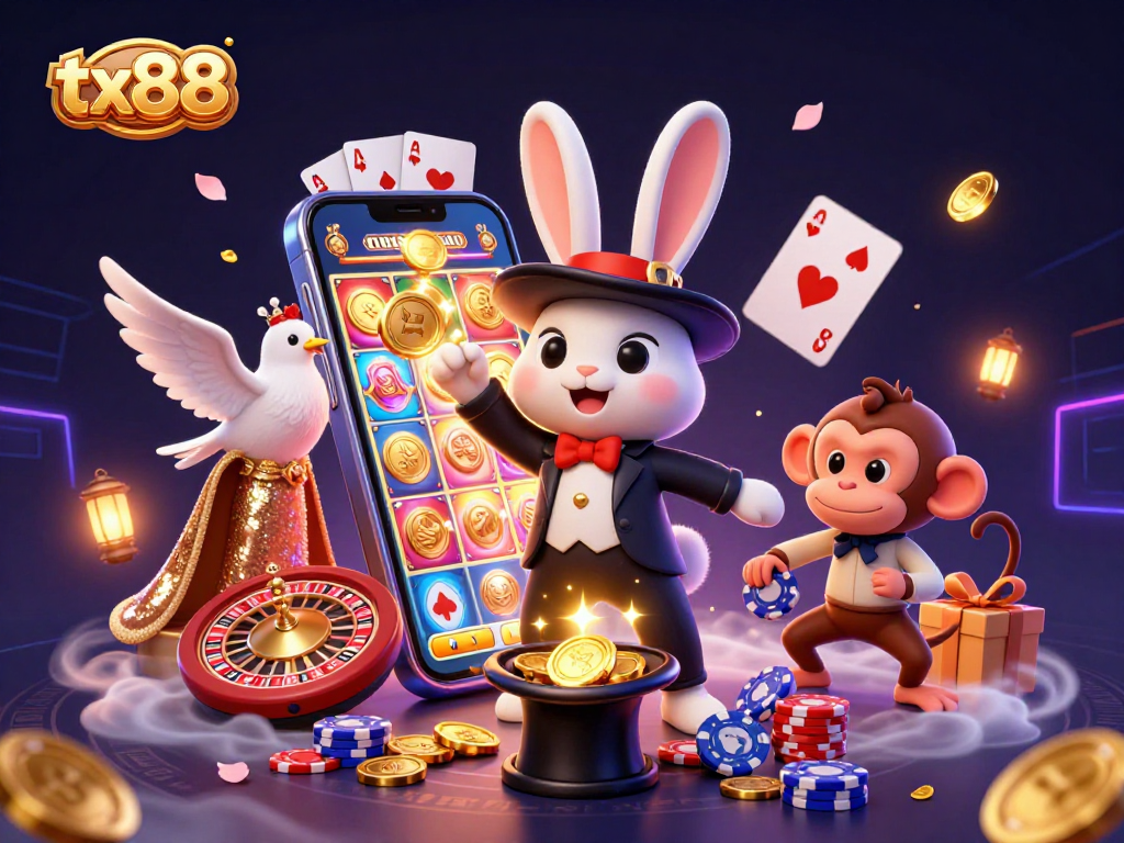 Engage with the tx88 adventure as a magician rabbit plays slots with a dove and monkey in this dynamic casino scene.