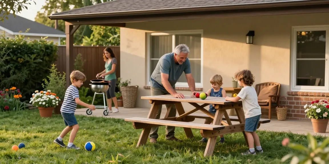 Familie entspannt unter einem Carport mit Grill und Spielzeug im Hintergrund.