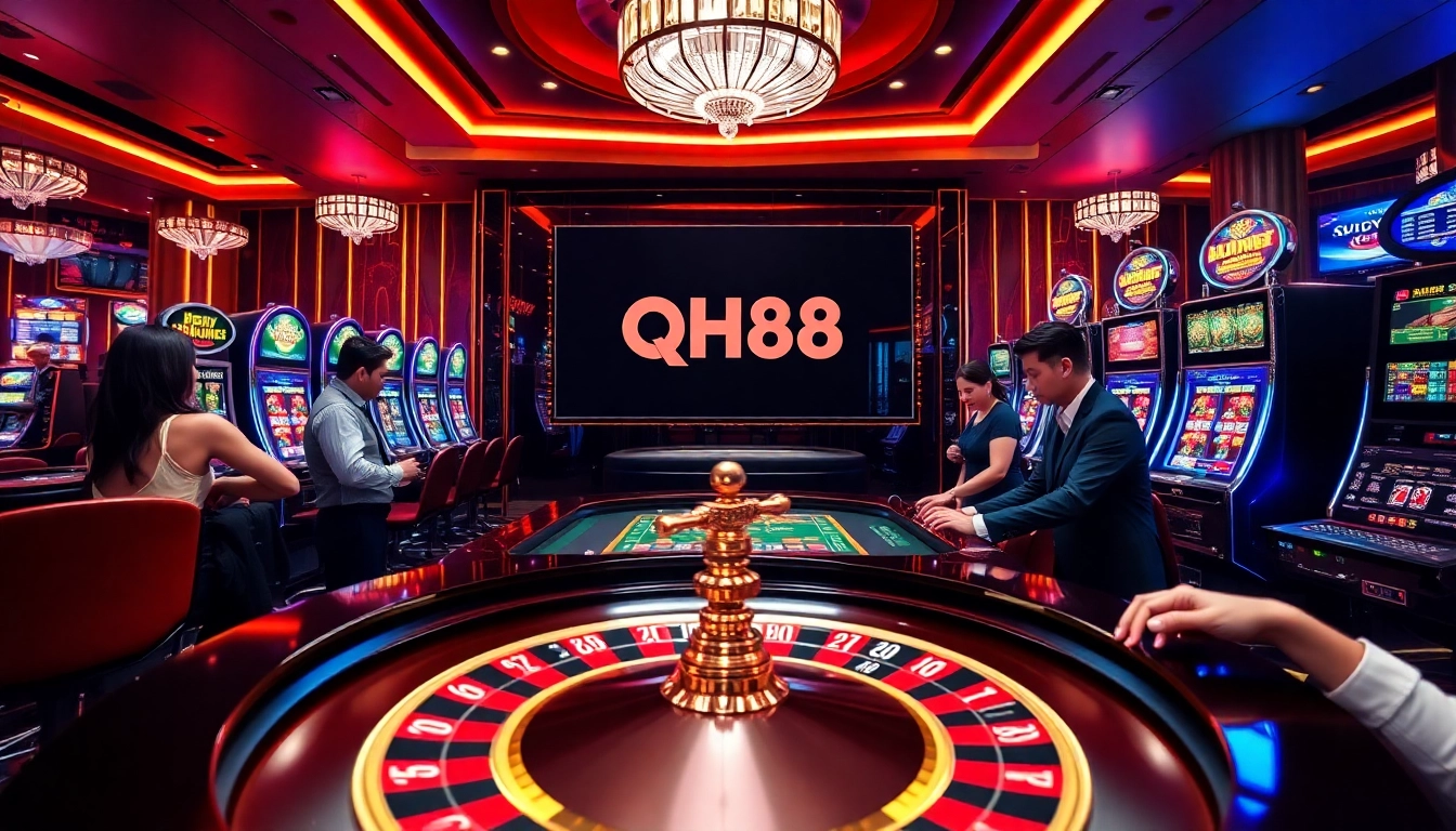 Engage in thrilling casino action with QH88 at an upscale gambling scene featuring roulette and poker.