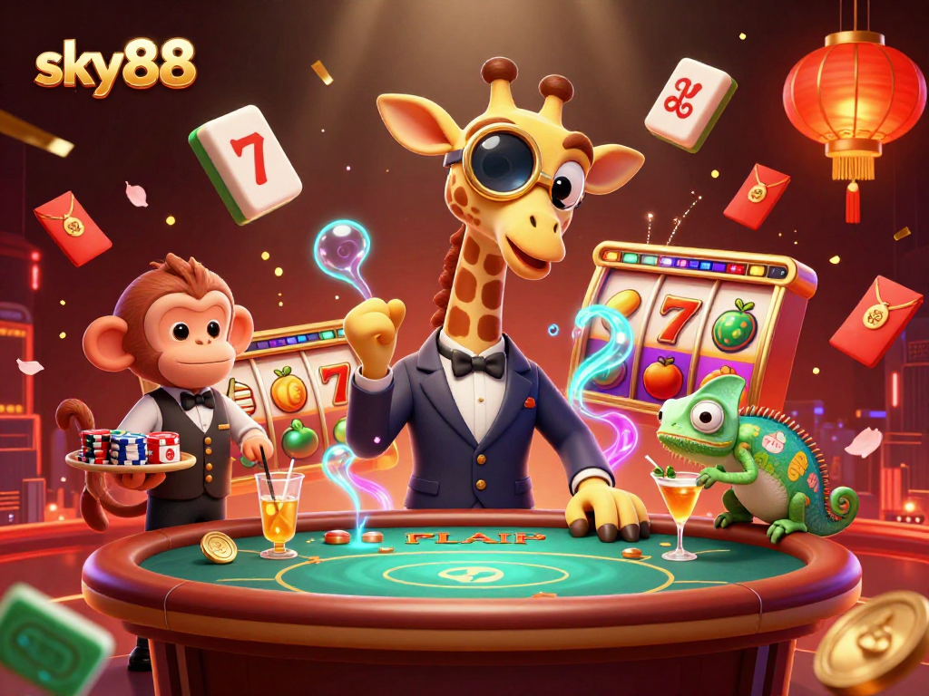 Engage with sky88 by enjoying vibrant 3D scenes featuring a giraffe and thrilling slot reels.