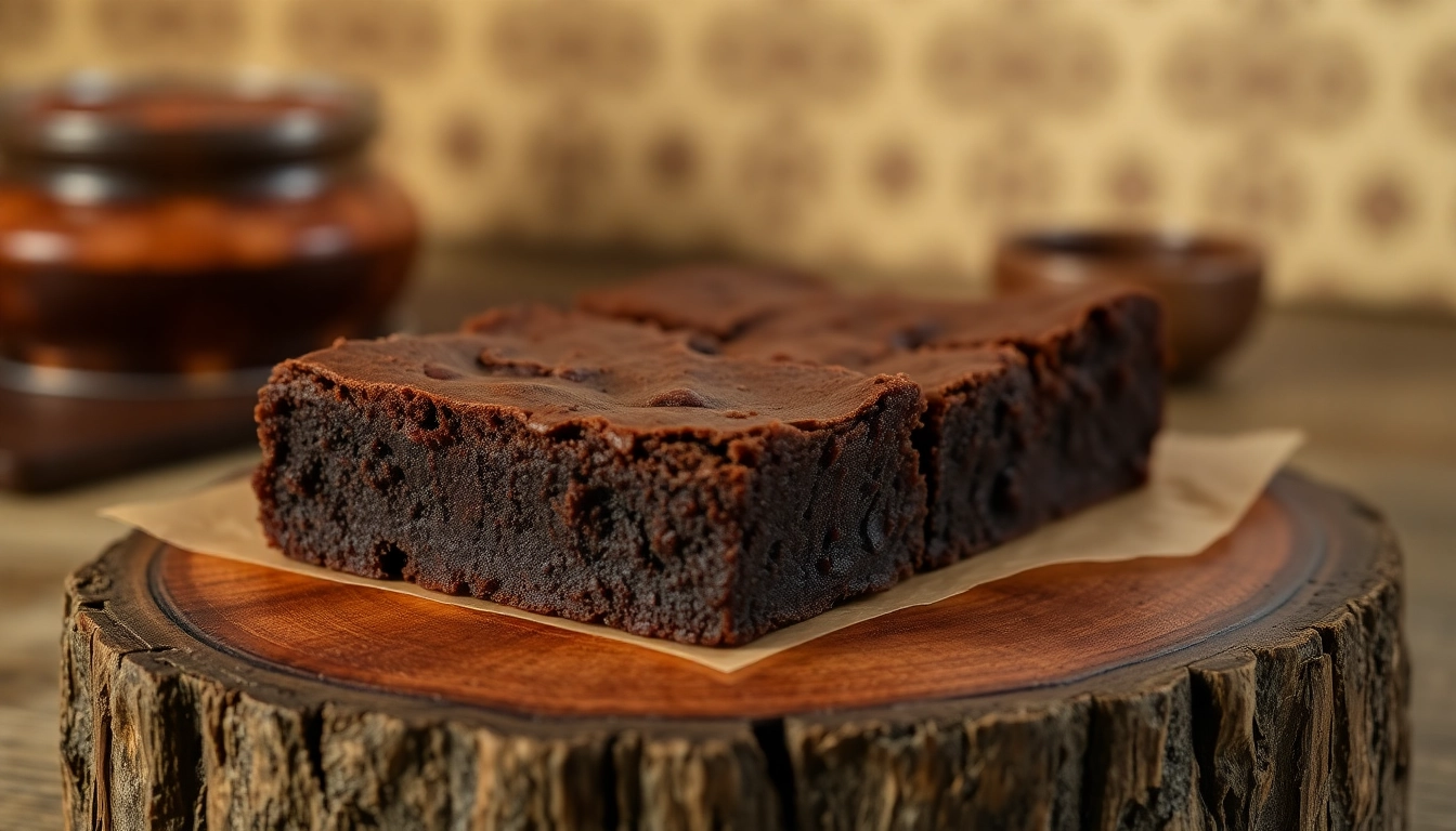 Leckere THC Brownies in einem rustikalen Ambiente, perfekt platziert zum Genießen und Teilen.