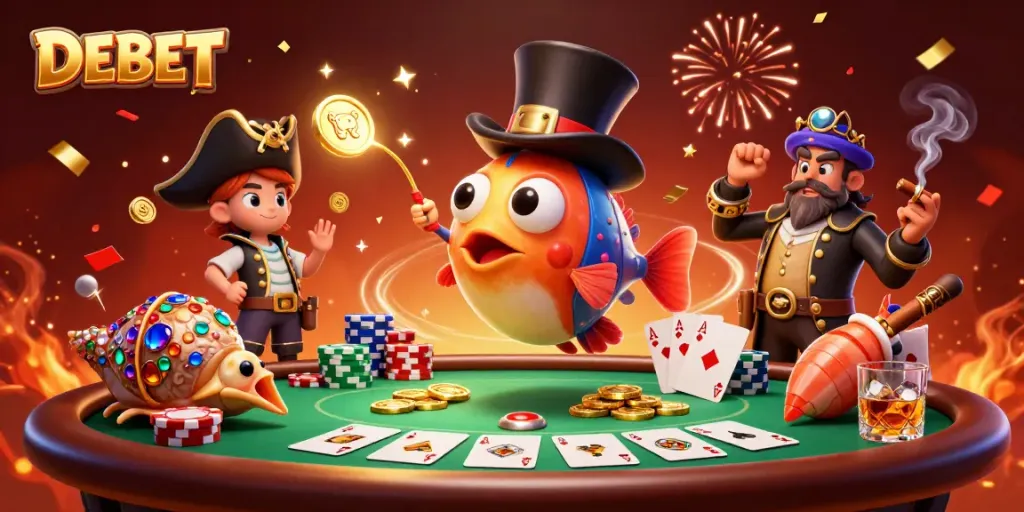 Engaging DEBET scene with cartoon characters and a vibrant casino atmosphere featuring poker elements.